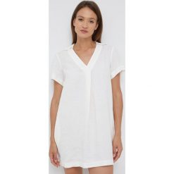 Sisley sukienka lniana kolor beżowy mini oversize. Brązowe sukienki Sisley, na imprezę, bez wzorów, z tkaniny, bez kołnierzyka, bez ramiączek, mini, oversize. W wyprzedaży za 319.99 zł.