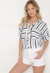 Biało-Niebieska Koszula z Bawełny w Paski Adserie. Niebieskie koszule Born2be, m, bez wzorów, z bawełny, eleganckie, bez kołnierzyka, bez ramiączek. W wyprzedaży za 72.24 zł.