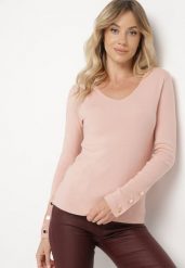 Jasnoróżowy Sweter z Dekoltem V i Ozdobnymi Guzikami na Rękawach Atterisa. Czerwone swetry Born2be, m, bez wzorów, z jeansu, bez ramiączek. W wyprzedaży za 84.99 zł.