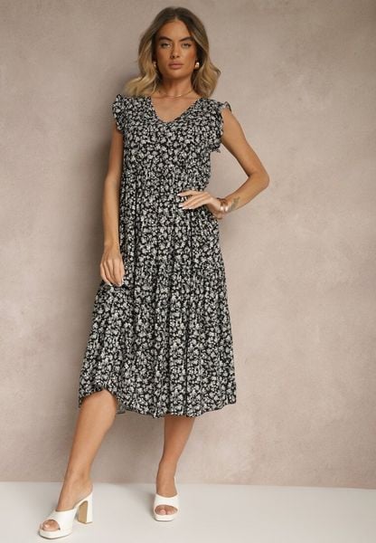 Czarna Rozkloszowana Sukienka z Bawełny z Dekoltem w Serek Zdobiona Falbanami Iffilara. Czarne sukienki Renee, na co dzień, l, z aplikacjami, z bawełny, klasyczne, bez kołnierzyka, bez ramiączek, midi, rozkloszowane. Za 59.99 zł.