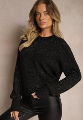 Czarny Sweter z Wiskozą Ozdobiony Metaliczną Nicią Lialicia. Czarne swetry Renee, na zimę, bez wzorów, z wiskozy, casualowe, bez ramiączek. W wyprzedaży za 55.99 zł.