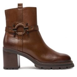 Botki Marco Tozzi. Brązowe botki Marco Tozzi, bez wzorów, bez obcasa, na słupku, bez zapięcia. Za 399.99 zł.