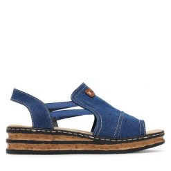 Sandały Rieker. Niebieskie sandały Rieker, bez wzorów, bez obcasa, na koturnie, bez zapięcia. Za 319.99 zł.