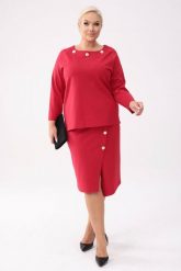 Elegancki czerwony komplet Celeste - bluzka z długim rękawem + asymetryczna spódnica PLUS SIZE XXL OVERSIZE. Czerwone bluzki Moda Size Plus Iwanek, plus size, z aplikacjami, z elastanu, biznesowe, z asymetrycznym kołnierzem, plus size, bez ramiączek. W wyprzedaży za 258.90 zł.