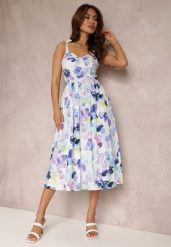 Biało-Niebieska Sukienka Agarenia. Białe sukienki Renee, s, z aplikacjami, eleganckie, bez kołnierzyka, bez ramiączek, midi, rozkloszowane. W wyprzedaży za 111.99 zł.