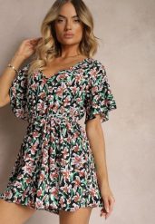 Czarno-Zielony Kombinezon z Dekoltem w Serek z Gumką w Talii i Materiałowym Paskiem Tessanda. Czarne kombinezony Renee, na co dzień, l, bez wzorów, z materiału, eleganckie, bez kołnierzyka, bez ramiączek, kopertowe. W wyprzedaży za 39.99 zł.