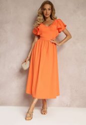 Pomarańczowa Taliowana Sukienka Maxi z Falbanami Giftis. Brązowe sukienki Renee, na imprezę, m, z aplikacjami, bez kołnierzyka, bez ramiączek, maxi. W wyprzedaży za 99.99 zł.