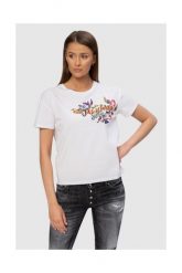 MOSCHINO Biały t-shirt z logo i kwiatami. Białe t-shirty MOSCHINO, s, bez wzorów, prążkowane, bez kołnierzyka, bez ramiączek. W wyprzedaży za 279.99 zł.