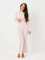 Prążkowana piżama dwuczęściowa w kokardki - kremowy. Białe piżamy Sinsay, l, bez wzorów, prążkowane, bez kołnierzyka, bez ramiączek. Za 59.99 zł.