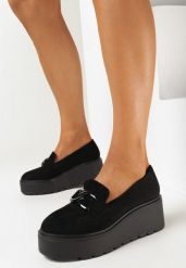 Czarne Półbuty na Koturnie i Platformie ze Skórzaną Wkładką Kalloma. Czarne półbuty wsuwane Born2be, bez wzorów, z jeansu, eleganckie, bez obcasa, na koturnie. Za 64.99 zł.