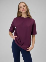 4F T-shirt loose gładki damski - burgundowy XL. Czerwone t-shirty 4f, xl, bez wzorów, z bawełny, bez kołnierzyka, bez ramiączek. Za 59.99 zł.
