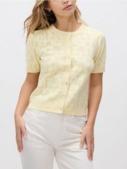 Ażurowy kardigan - jasnożółty. Żółte swetry Reserved, l, w ażurowe wzory, z bawełny, bez ramiączek. Za 99.99 zł.