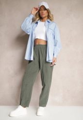 Ciemnozielone Bawełniane Spodnie High Waist w Klasycznym Stylu Arivora. Zielone jeansy Renee, bez wzorów, z bawełny, eleganckie, z podwyższonym stanem. W wyprzedaży za 107.99 zł.