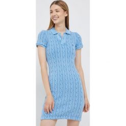 Polo Ralph Lauren sukienka bawełniana mini dopasowana. Niebieskie sukienki Polo Ralph Lauren, l, z aplikacjami, z bawełny, bez kołnierzyka, bez ramiączek, mini, dopasowane. W wyprzedaży za 519.99 zł.