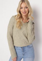 Jasnozielony Klasyczny Sweter w Ozdobny Splot Mulls. Zielone swetry Born2be, bez wzorów, z dzianiny, klasyczne, bez ramiączek. W wyprzedaży za 101.99 zł.