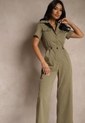 Ciemnozielony Kombinezon Wide Leg z Kołnierzykiem Suwakiem i Krótkim Rękawem Jenaralitia. Zielone sukienki Renee, na co dzień, l, bez wzorów, eleganckie, bez kołnierzyka, bez ramiączek, mini, kopertowe. Za 169.99 zł.