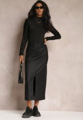 Czarna Spódnica Zapinana na Zamek z Kieszeniami i Guzikiem o Dopasowanym Fasonie Bahar. Czarne spódnice Renee, m, bez wzorów, eleganckie, maxi, dopasowane. Za 69.99 zł.