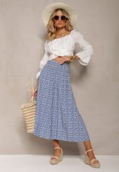 Niebieskie Bawełniane Spodnie Culottes z Szeroką Gumką w Pasie i Kwiatowym Printem Pellagia. Niebieskie jeansy Renee, bez wzorów, z bawełny. W wyprzedaży za 29.99 zł.