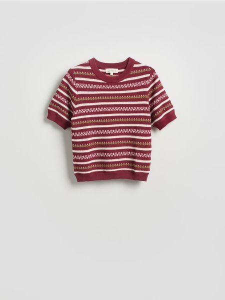 Wzorzysty sweter z wiskozą - wielobarwny. Swetry Reserved, l, bez wzorów, z dzianiny, bez ramiączek. W wyprzedaży za 99.99 zł.