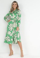 Zielona Koszulowa Sukienka na Guziki w Kwiaty Mivy. Zielone sukienki Born2be, l, bez wzorów, z materiału, bez kołnierzyka, bez ramiączek, midi, koszulowe. W wyprzedaży za 161.49 zł.