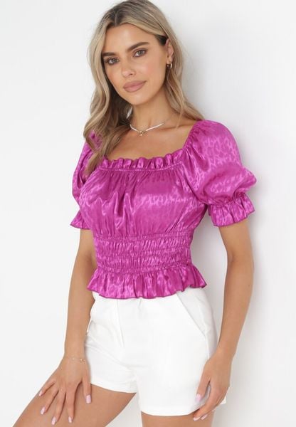 Ciemnofioletowa Satynowa Bluzka z Marszczoną Gumką w Pasie i przy Dekolcie Fannin. Fioletowe bluzki Born2be, bez wzorów, z satyny, bez kołnierzyka, bez ramiączek. Za 69.99 zł.