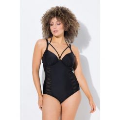 Damski Strój kąpielowy miękkie miseczki z fiszbinami wiązany z tyłu na szyi. Czarne stroje jednoczęściowe Ulla Popken, bez wzorów, z elastanu, sportowe. Za 279.99 zł.