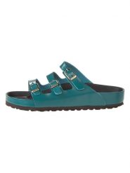 Birkenstock Skórzane klapki w kolorze turkusowym rozmiar: 39. Niebieskie klapki Birkenstock, bez wzorów, klasyczne, z otwartym noskiem, bez obcasa, bez zapięcia. Za 754.95 zł.