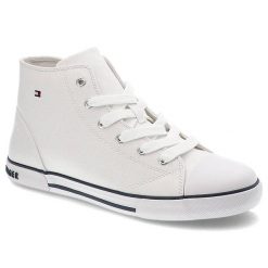 Trampki damskie Tommy Hilfiger, cholewka z materiału syntetycznego sznurowane podwyższona cholewka tekstylne wnętrze, sznurowane, T3X4-32209-0890100. Białe trampki Tommy Hilfiger, z aplikacjami, z materiału, casualowe, bez zapięcia. Za 249.00 zł.