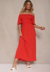 Czerwona Rozkloszowana Sukienka Hiszpanka z Bawełny z Elastyczną Górą Maissa. Czerwone sukienki Renee, na co dzień, l, bez wzorów, z bawełny, eleganckie, bez kołnierzyka, bez ramiączek, midi, rozkloszowane. W wyprzedaży za 43.99 zł.