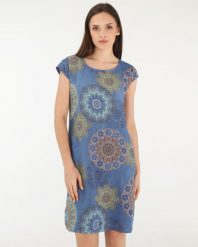WZORZYSTA SUKIENKA Z LNU. Sukienki Unisono, na co dzień, bez wzorów, prążkowane, bez kołnierzyka, bez ramiączek, mini, proste. Za 189.00 zł.