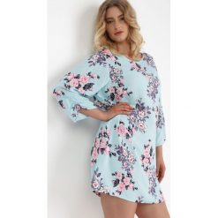 Jasnoniebieska Bluzka Naereda. Niebieskie bluzki Born2be, l, bez wzorów, z tkaniny, klasyczne, bez kołnierzyka, bez ramiączek. W wyprzedaży za 45.49 zł.
