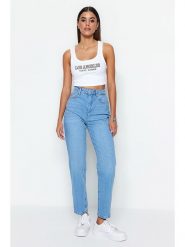 Trendyol Dżinsy - Tapered fit - w kolorze błękitnym rozmiar: 44. Niebieskie jeansy Trendyol, bez wzorów, z bawełny, klasyczne, z podwyższonym stanem. Za 61.75 zł.