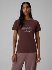 4F T-shirt regular z nadrukiem damski - brązowy S. Brązowe t-shirty 4f, m, bez wzorów, z bawełny, klasyczne, bez kołnierzyka, bez ramiączek. Za 69.99 zł.