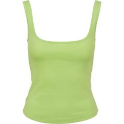 Damski klasyczny miejski top z szerokim wycięciem. Żółte topy Urban Classics, bez wzorów, klasyczne, bez kołnierzyka, bez ramiączek. Za 93.00 zł.