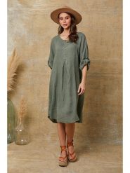 Fleur de Lin Lniana sukienka "Cadence" w kolorze khaki rozmiar: XL. Brązowe sukienki Fleur de Lin, xl, bez wzorów, ze lnu, bez kołnierzyka, bez ramiączek, midi. Za 162.87 zł.