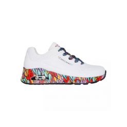 Buty sportowe Sneakersy damskie, Uno - Ravaged Love. Białe buty sportowe lifestyle Skechers, bez wzorów, bez zapięcia, trekkingowe. Za 449.99 zł.