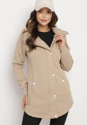 Ciemnobeżowa Długa Bluza z Bawełną i Kapturem Zapinana na Napy Corida. Brązowe bluzy Born2be, l, bez wzorów, z bawełny, eleganckie, bez ramiączek, z kapturem. W wyprzedaży za 84.99 zł.