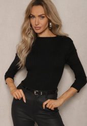 Czarny Sweter z Wiskozą z Prążkowanego Materiału Ozdobiony Napami Beroma. Czarne swetry Renee, m, bez wzorów, z jeansu, casualowe, bez ramiączek. W wyprzedaży za 87.99 zł.