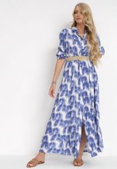 Niebieska Rozkloszowana Sukienka Maxi z Plecionym Paskiem i Wsuwanymi Kieszeniami Suttyn. Niebieskie sukienki Born2be, l, bez wzorów, bez kołnierzyka, bez ramiączek, maxi, rozkloszowane. W wyprzedaży za 101.99 zł.