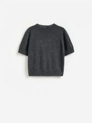 Wełniany sweter z krótkim rękawem - ciemnoszary. Szare swetry Reserved, l, bez wzorów, z wełny, bez ramiączek. Za 119.99 zł.
