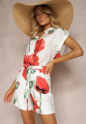 Beżowo-Czerwone Szorty Bermudy z Wzorem w Maki i Wiązaniem w Pasie Liecara. Brązowe szorty Renee, bez wzorów, z materiału. W wyprzedaży za 75.99 zł.