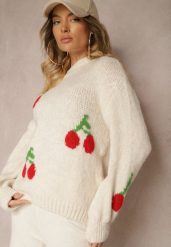 Jasnobeżowy Prosty Sweter z Domieszką Wełny Ozdobiony Wiśniową Aplikacją Balrinna. Brązowe swetry Renee, z aplikacjami, z jeansu, casualowe, bez ramiączek. W wyprzedaży za 111.99 zł.