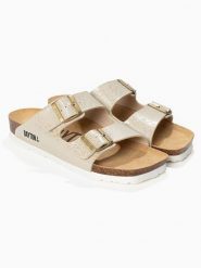 BAYTON Klapki "Atlas" w kolorze złoto-beżowym rozmiar: 38. Brązowe klapki Bayton, bez wzorów, klasyczne, z otwartym noskiem, bez obcasa, bez zapięcia. Za 118.84 zł.