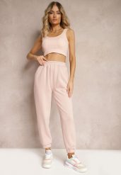 Ciemnoróżowe Casualowe Spodnie Dresowe High Waist Wykończone Ściągaczami z Gumką w Pasie Dimra. Czerwone jeansy Renee, l, bez wzorów, z dresówki, sportowe, z podwyższonym stanem. W wyprzedaży za 55.99 zł.