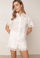 Biały Bawełniany Komplet w Stylu Boho Koszula i Szorty z Haftem Lephine. Białe koszule Born2be, l, w ażurowe wzory, z bawełny, boho, bez kołnierzyka, bez ramiączek. Za 219.99 zł.