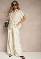 Jasnobeżowy Komplet z Wiskozą i Lnem Spodnie i Koszula z Geometrycznym Motywem Fevalette. Brązowe koszule Renee, l, bez wzorów, z wiskozy, eleganckie, bez kołnierzyka, bez ramiączek. W wyprzedaży za 99.99 zł.