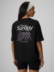 4F T-shirt loose z nadrukiem damski - czarny M. Czarne t-shirty 4f, m, bez wzorów, z bawełny, klasyczne, bez kołnierzyka, bez ramiączek. Za 59.99 zł.