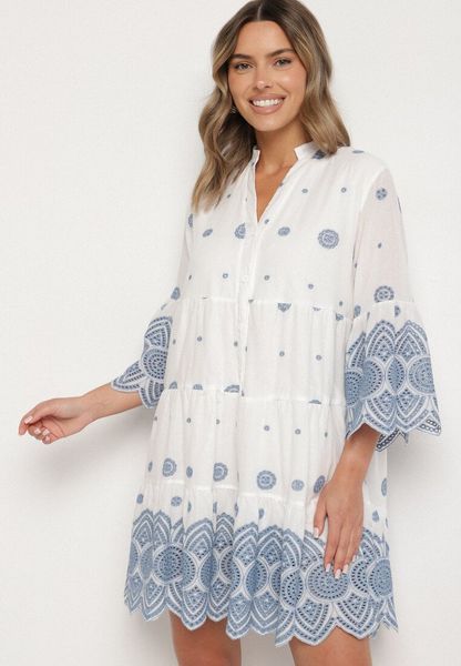 Biała Bawełniana Sukienka Pudełkowa ze Wzorem Etno Rallea. Białe sukienki Born2be, na co dzień, m, bez wzorów, z bawełny, etno, bez kołnierzyka, bez ramiączek. Za 169.99 zł.