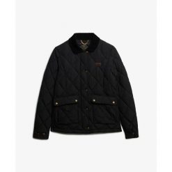 Damska kurtka puchowa Superdry Cord Trimmed Liner. Czarne kurtki Superdry, bez wzorów, z puchu, bez kaptura. Za 565.50 zł.