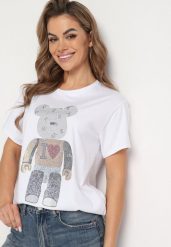 Biały T-shirt Koszulka z Bawełny z Ozdobnymi Cyrkoniami Risani. Białe t-shirty Born2be, bez wzorów, z bawełny, eleganckie, bez kołnierzyka, bez ramiączek. Za 69.99 zł.